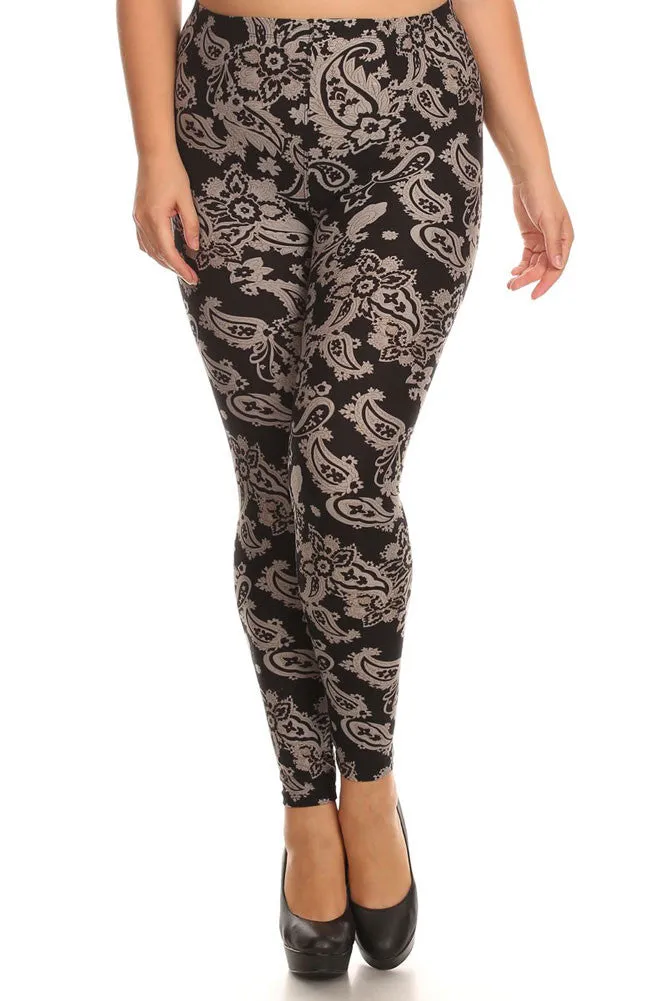 Women's Plus Fire Flower Pattern Print Leggings - Black Grey