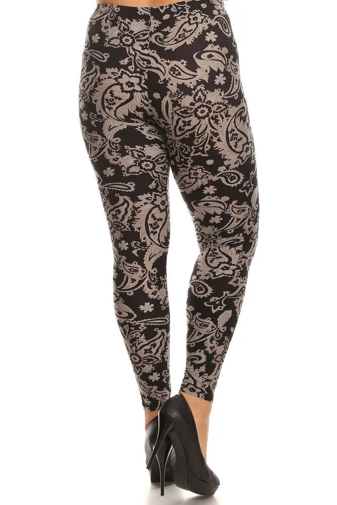 Women's Plus Fire Flower Pattern Print Leggings - Black Grey